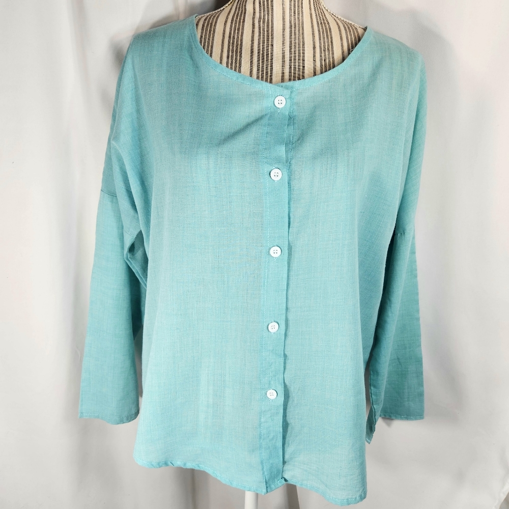 MISSLOOK Green-Blue Long Sleeve Button Down Top Size Medium